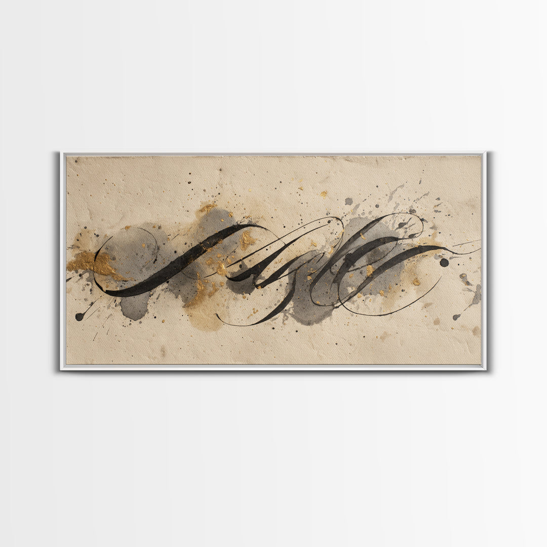 Ink Splatter and Long Brushstroke Composition Framed Canvas Print, Calligraphy Art, Art Print, Living Room Decor, Script, CAL-2x1-12