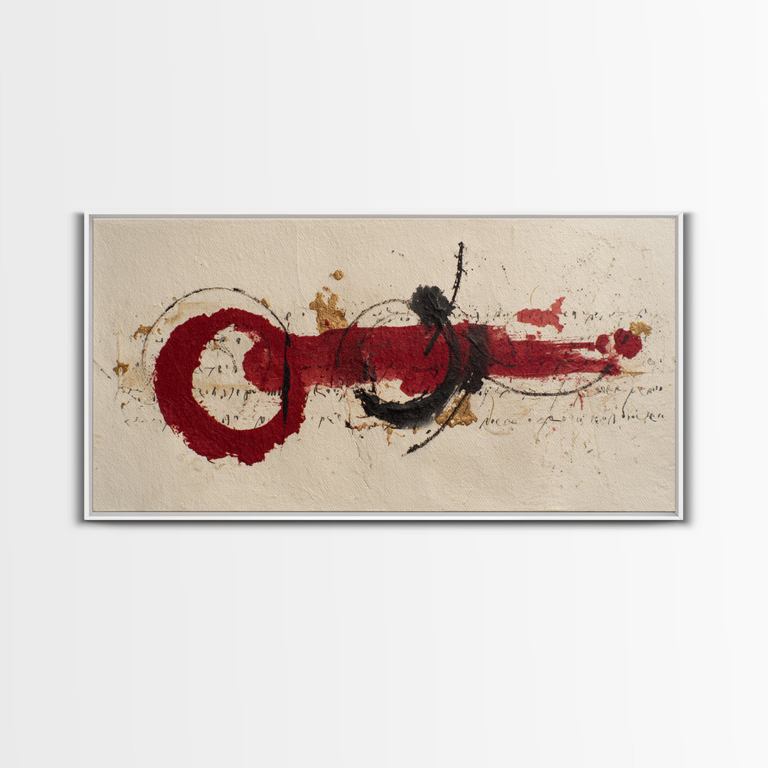 Bold Red Brushstroke Seal Abstraction Framed Canvas Print, Calligraphy Art, Minimalist Decor, Living Room Decor, Script, CAL-2x1-15
