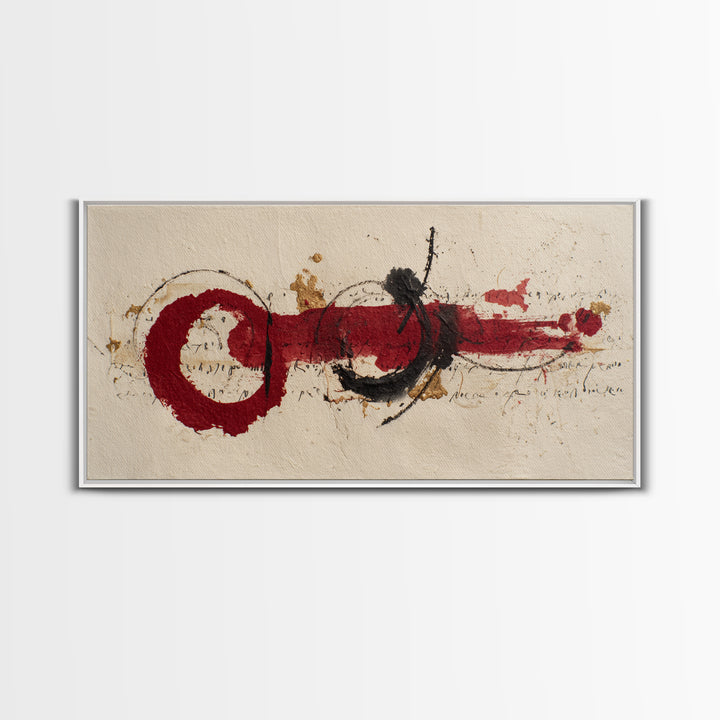 Bold Red Brushstroke Seal Abstraction Framed Canvas Print, Calligraphy Art, Minimalist Decor, Living Room Decor, Script, CAL-2x1-15