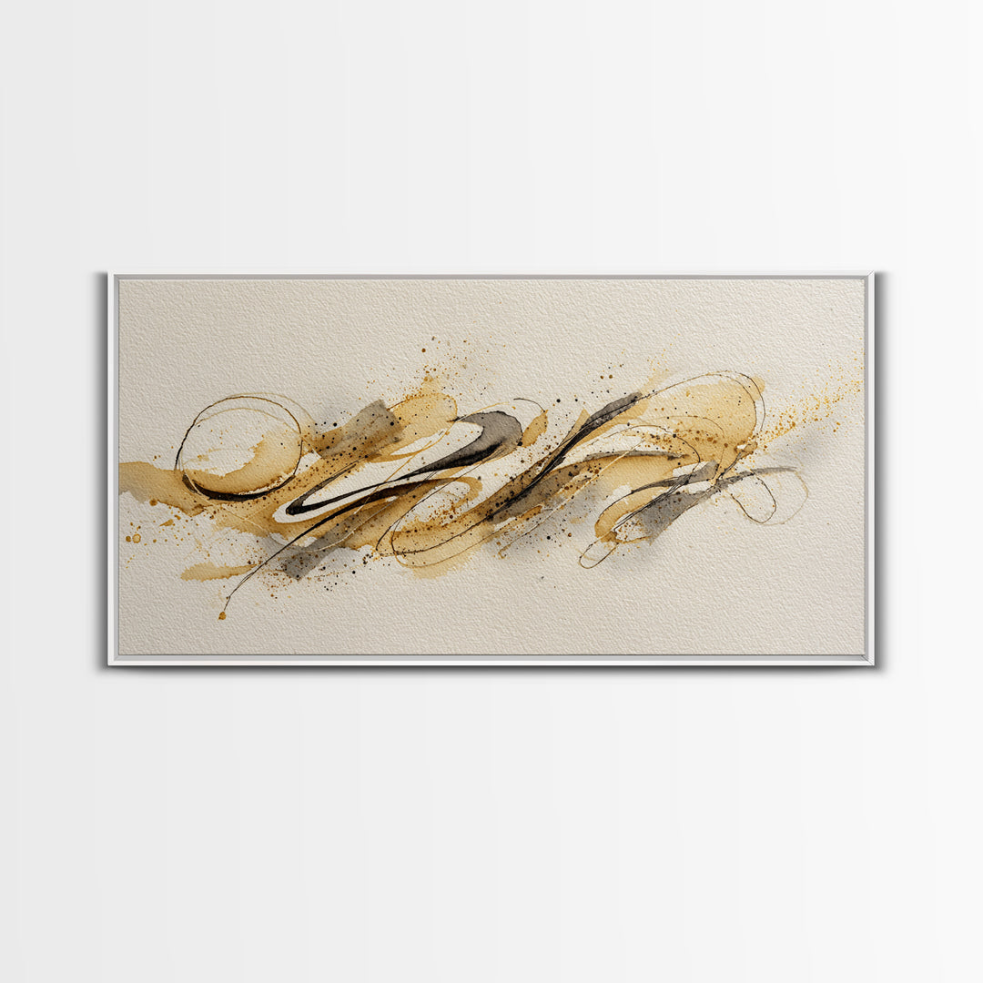 Abstract Gold Calligraphic Strokes on Ivory Paper Canvas Print, Calligraphy Art, Boho Decor, Living Room Decor, Script, CAL-2x1-22