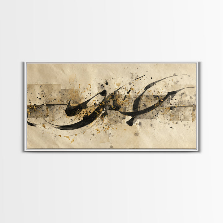 Minimal Black Calligraphy Rhythm Framed Canvas Print, Calligraphy Art, Digital Print, Living Room Decor, Fine Art, Script, CAL-2x1-3