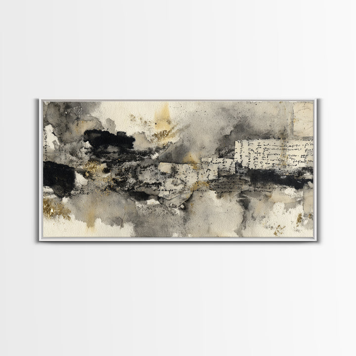 Monochrome Brush Alphabet Fragments as Abstract Texture Canvas Print, Calligraphy Art, Living Room Decor, Script, CAL-2x1-33