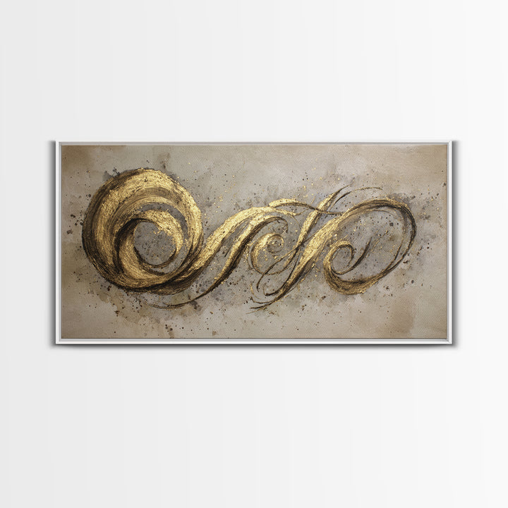 Gold Leaf Calligraphic Spiral on Plaster Surface Canvas Print, Calligraphy Art, Art Print, Living Room Decor, Script, CAL-2x1-34