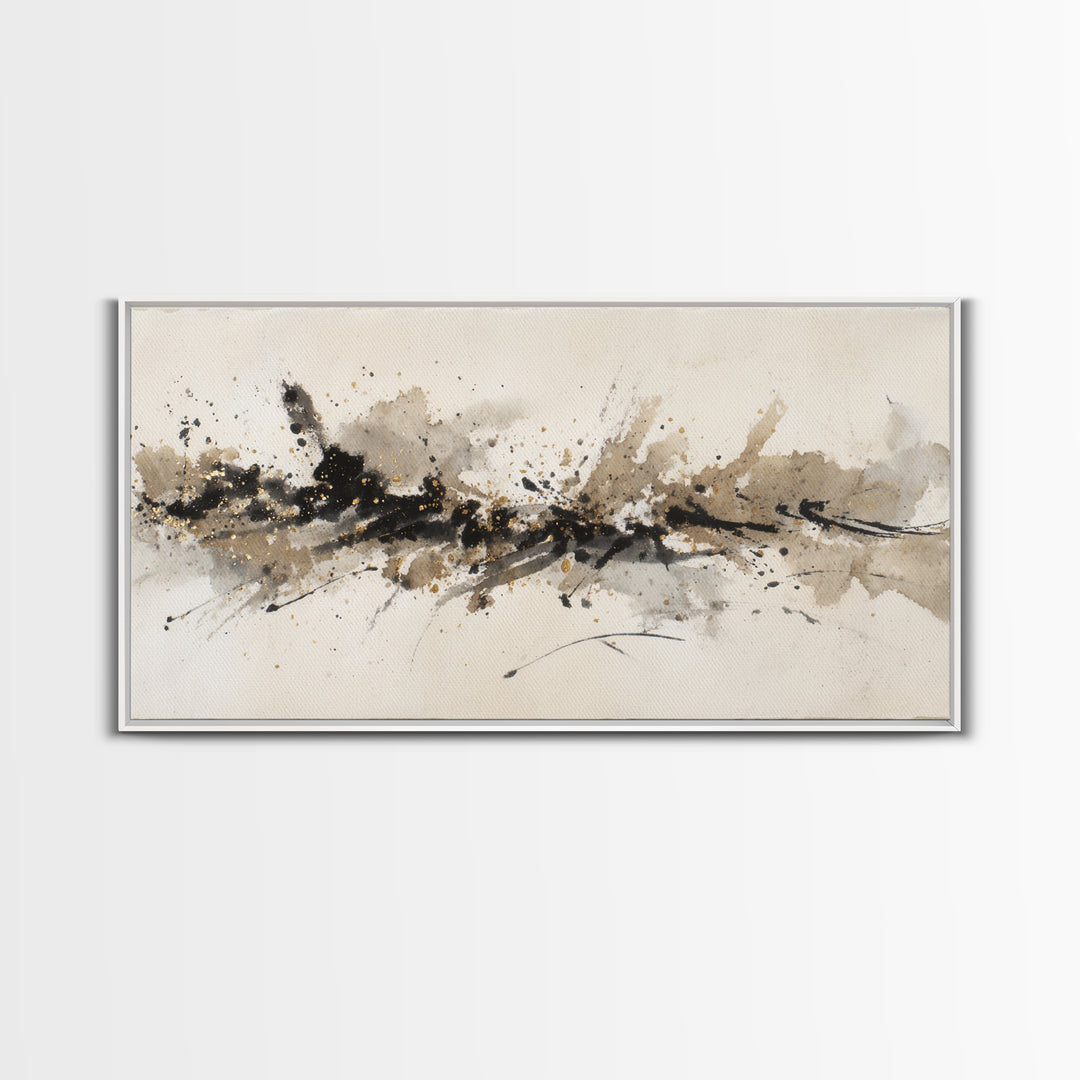 Ink Splatter and Long Brushstroke Composition Canvas Print, Calligraphy Art, Wall Art, Living Room Decor, Fine Art, Script, CAL-2x1-36