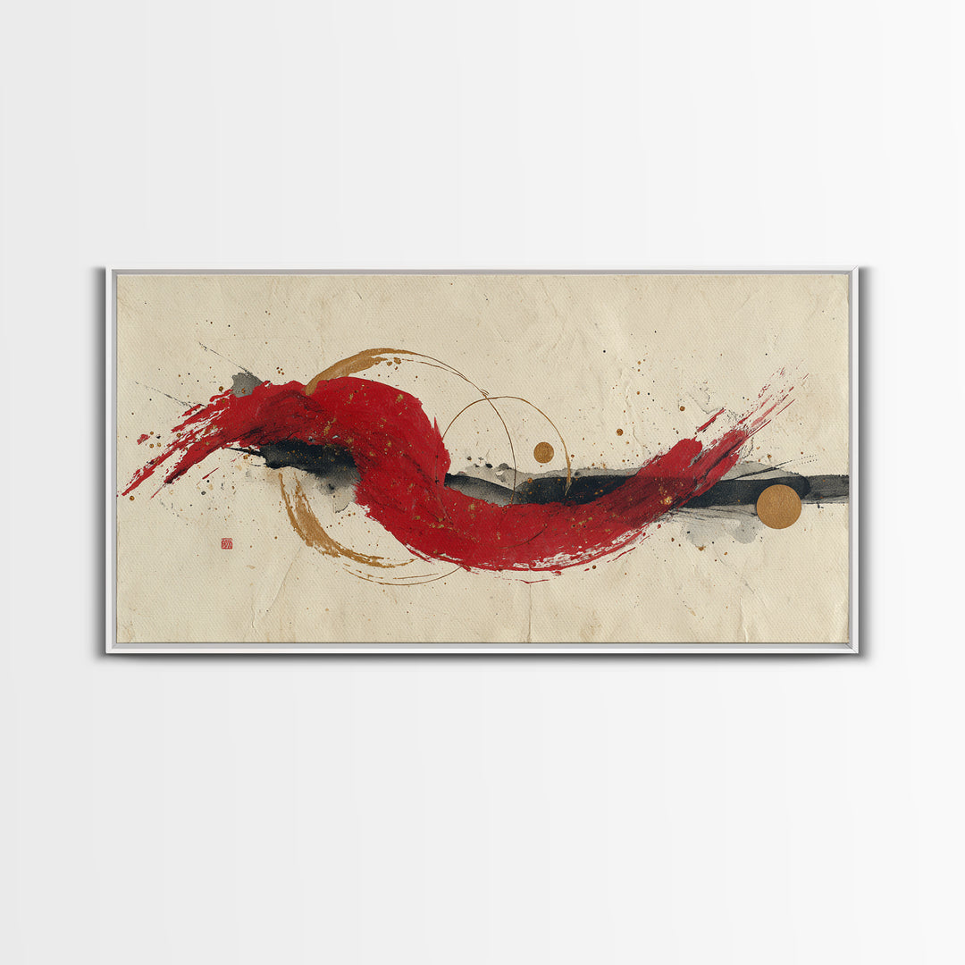 Bold Red Brushstroke Seal Abstraction Canvas Print, Calligraphy Art, Painting, Living Room Decor, Script, Japanese Art, CAL-2x1-39