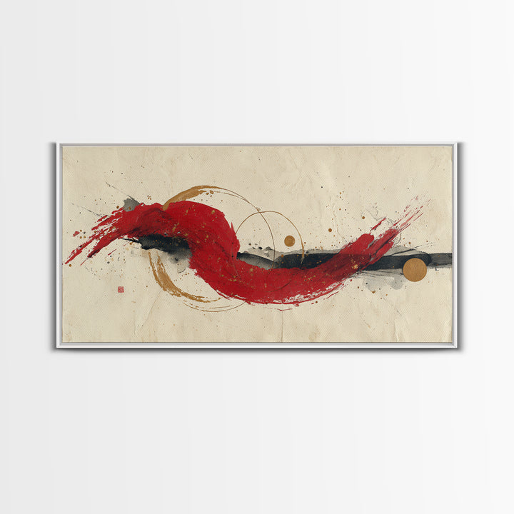 Bold Red Brushstroke Seal Abstraction Canvas Print, Calligraphy Art, Painting, Living Room Decor, Script, Japanese Art, CAL-2x1-39