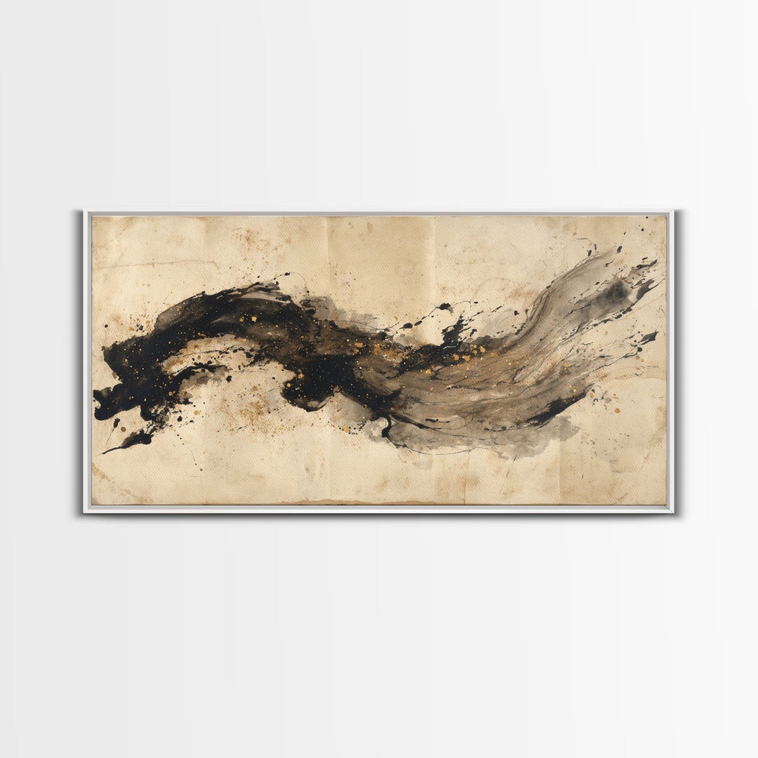 Large Sweeping Black Ink Gesture Like a Framed Canvas Print, Calligraphy Art, Prints, Living Room Decor, Fine Art, Script, CAL-2x1-45