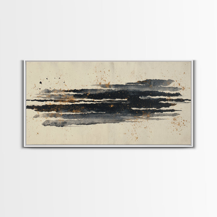 Layered Copper Ink Strokes on Dark Navy Framed Canvas Print, Calligraphy Art, Minimalist Decor, Living Room Decor, Script, CAL-2x1-50