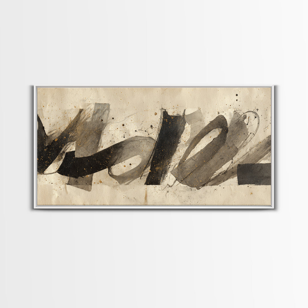Monochrome Brush Alphabet Fragments as Abstract Texture Canvas Print, Calligraphy Art, Wall Decor, Living Room Decor, Script, CAL-2x1-57