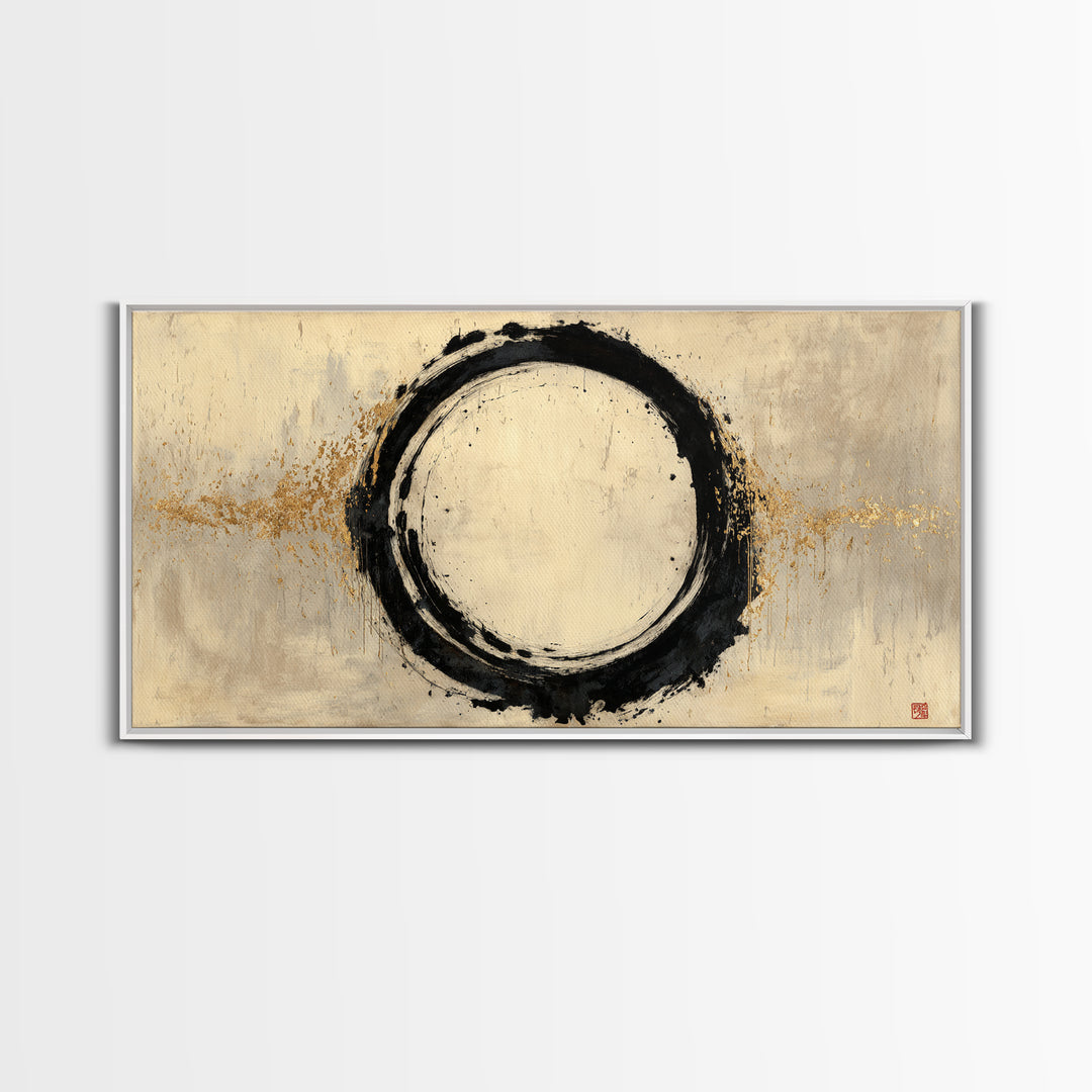 Japanese Brush Mark Circle Framed Canvas Print, Calligraphy Art, Printable Wall Art, Living Room Decor, Fine Art, Script, CAL-2x1-72