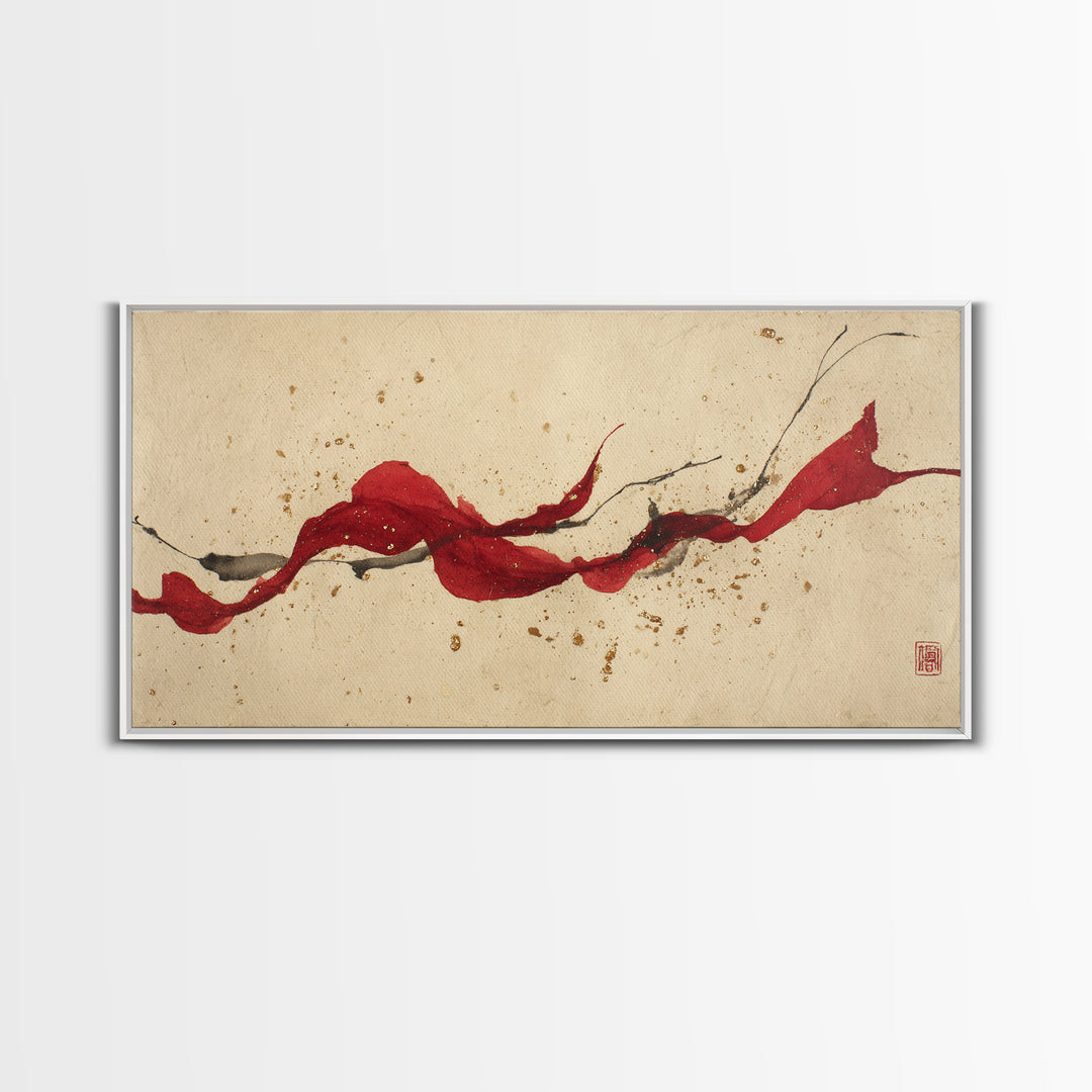 Bold Red Brushstroke Seal Abstraction Framed Canvas Print, Calligraphy Art, Modern Art, Living Room Decor, Fine Art, Script, CAL-2x1-87