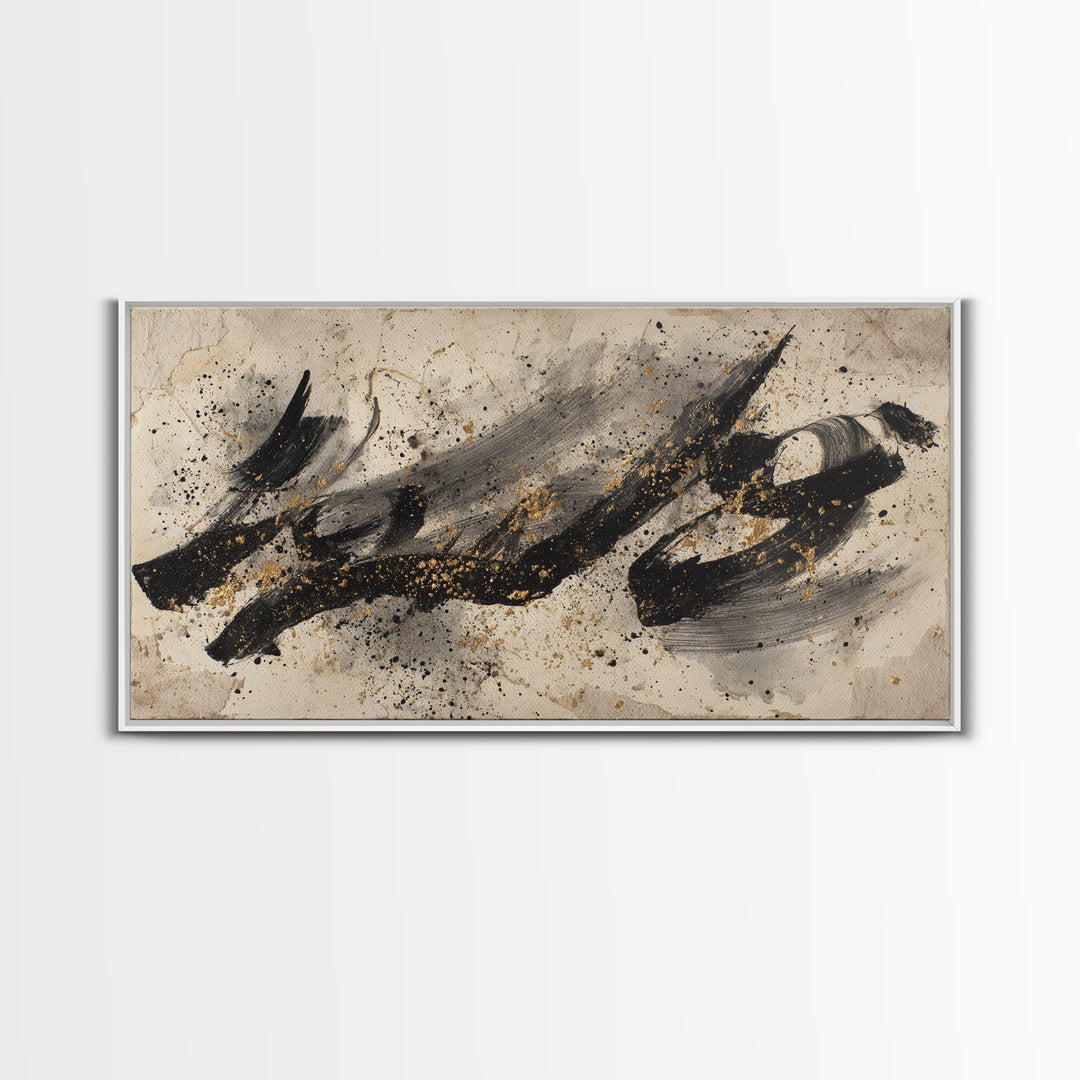 Monochrome Brush Alphabet Fragments as Abstract Texture Canvas Print, Calligraphy Art, Living Room Decor, Script, CAL-2x1-9