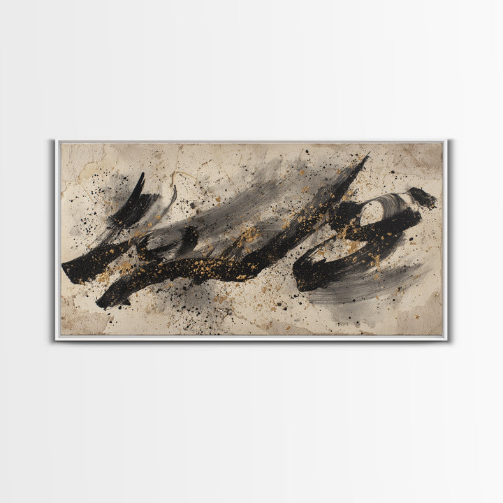 Monochrome Brush Alphabet Fragments as Abstract Texture Canvas Print, Calligraphy Art, Living Room Decor, Script, CAL-2x1-9