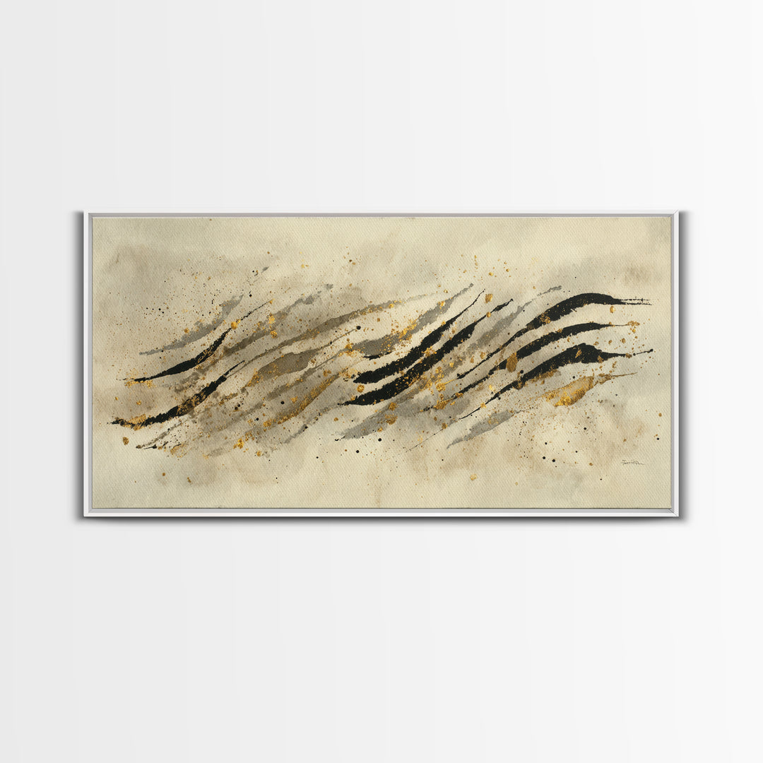 Abstract Gold Calligraphic Strokes on Ivory Paper Canvas Print, Calligraphy Art, Wall Decor, Living Room Decor, Script, CAL-2x1-94