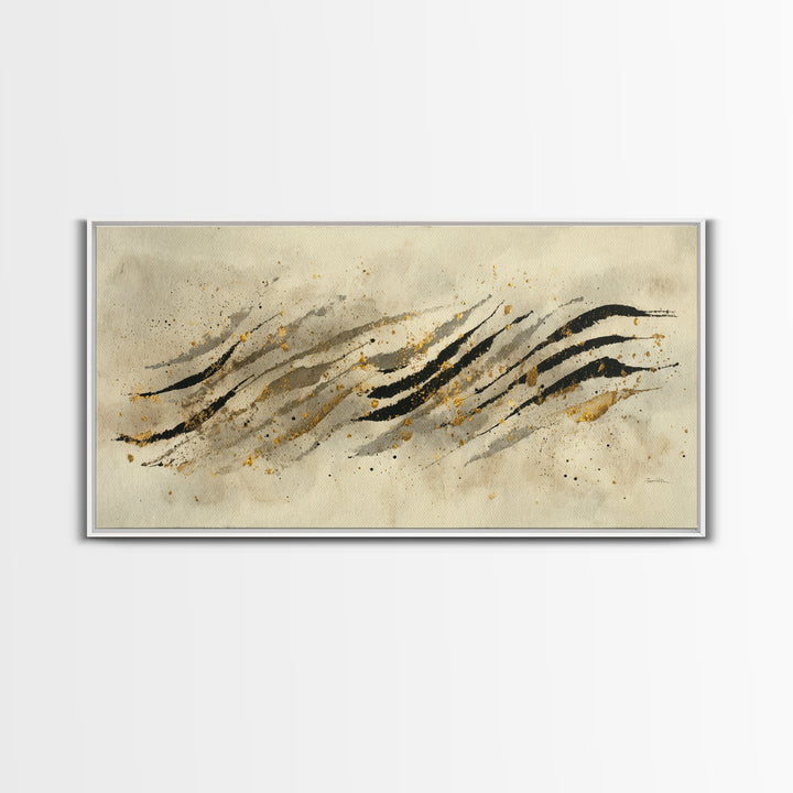 Abstract Gold Calligraphic Strokes on Ivory Paper Canvas Print, Calligraphy Art, Wall Decor, Living Room Decor, Script, CAL-2x1-94