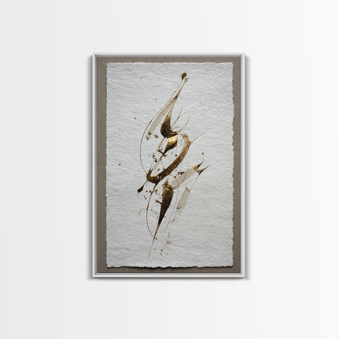 Abstract Gold Calligraphic Strokes on Ivory Paper Canvas Print, Calligraphy Art, Luxury Decor, Living Room Decor, Script, CAL-2x3-10