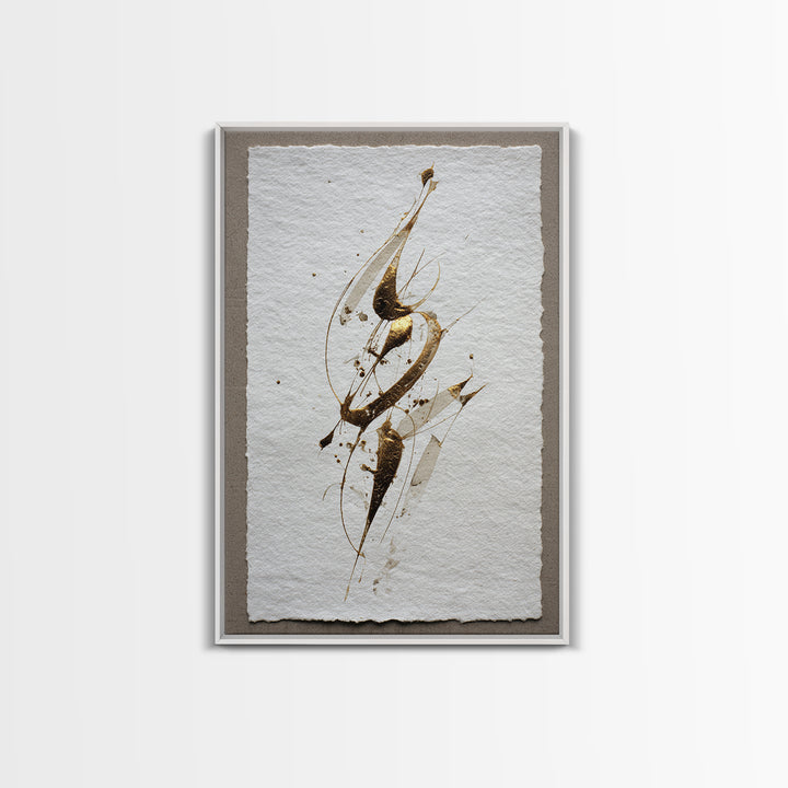 Abstract Gold Calligraphic Strokes on Ivory Paper Canvas Print, Calligraphy Art, Luxury Decor, Living Room Decor, Script, CAL-2x3-10