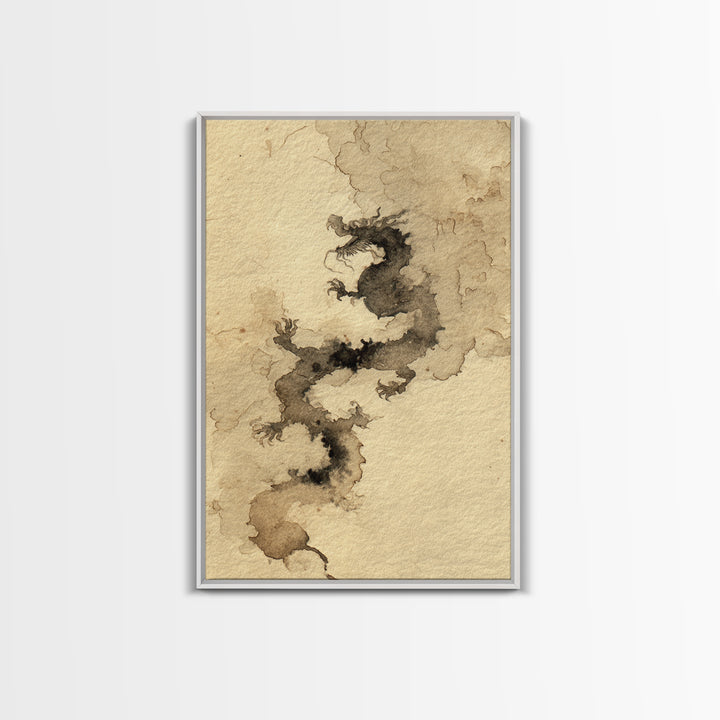 Ink Wash Dragon Curve Framed Canvas Print, Calligraphy Art, Painting, Living Room Decor, Fine Art, Script, Japanese Art, CAL-2x3-17