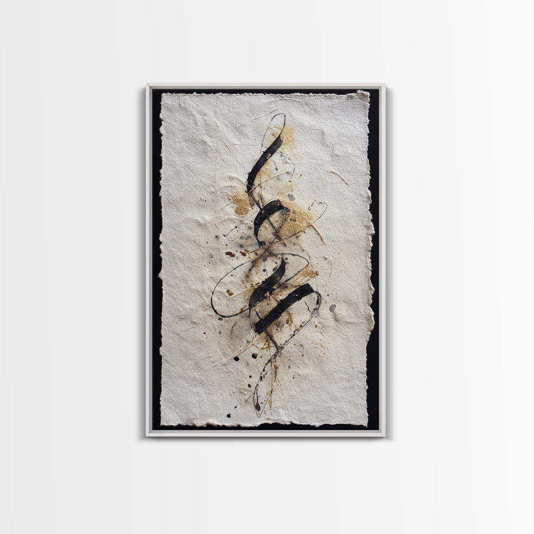 Gold Leaf Calligraphic Spiral on Plaster Surface Canvas Print, Calligraphy Art, Textured Painting, Living Room Decor, Script, CAL-2x3-22