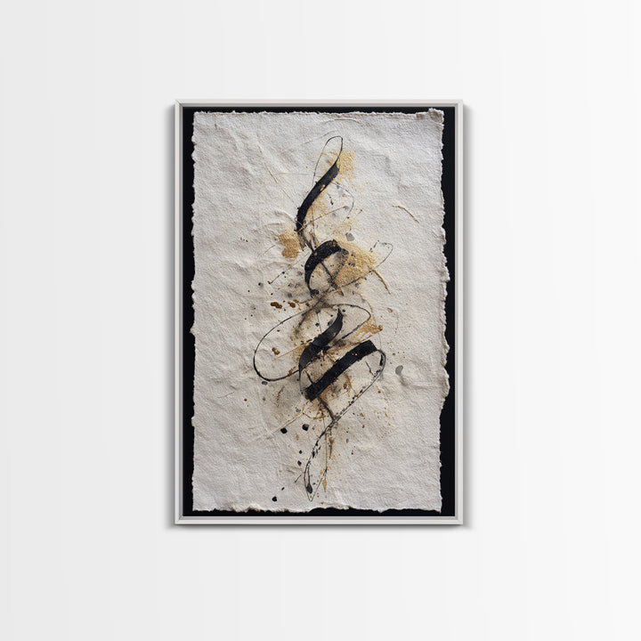 Gold Leaf Calligraphic Spiral on Plaster Surface Canvas Print, Calligraphy Art, Textured Painting, Living Room Decor, Script, CAL-2x3-22