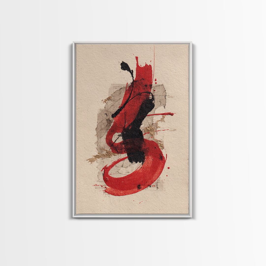 Bold Red Brushstroke Seal Abstraction Framed Canvas Print, Calligraphy Art, Watercolor Print, Living Room Decor, Script, CAL-2x3-3
