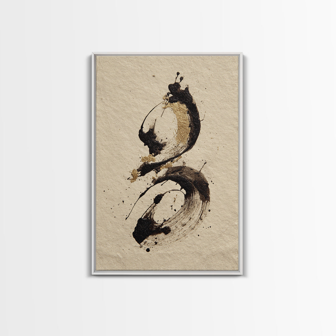 Ink Splatter and Long Brushstroke Composition Framed Canvas Print, Calligraphy Art, Boho Decor, Living Room Decor, Script, CAL-2x3-48