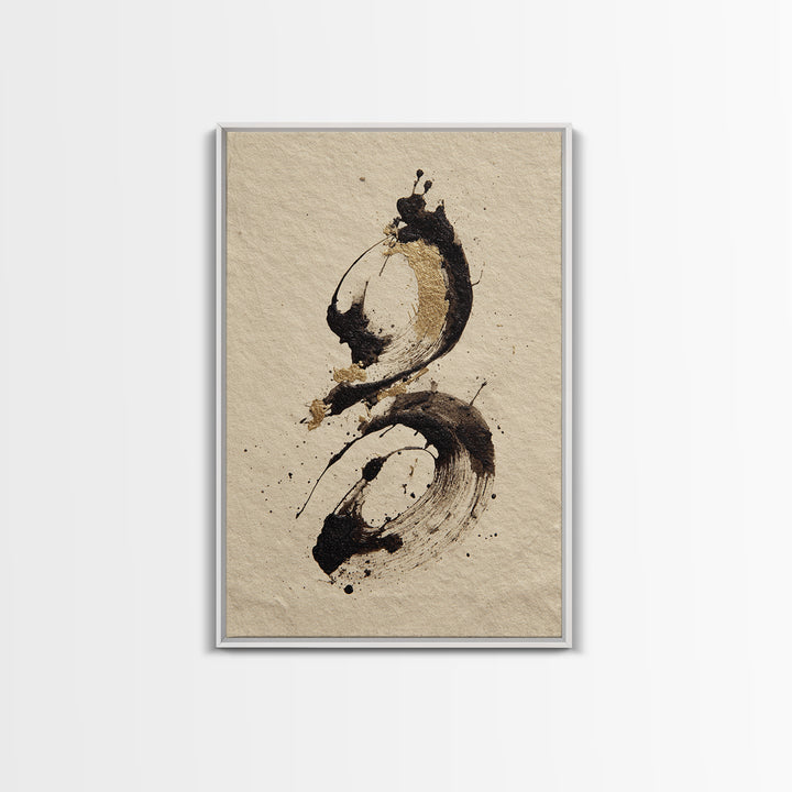 Ink Splatter and Long Brushstroke Composition Framed Canvas Print, Calligraphy Art, Boho Decor, Living Room Decor, Script, CAL-2x3-48