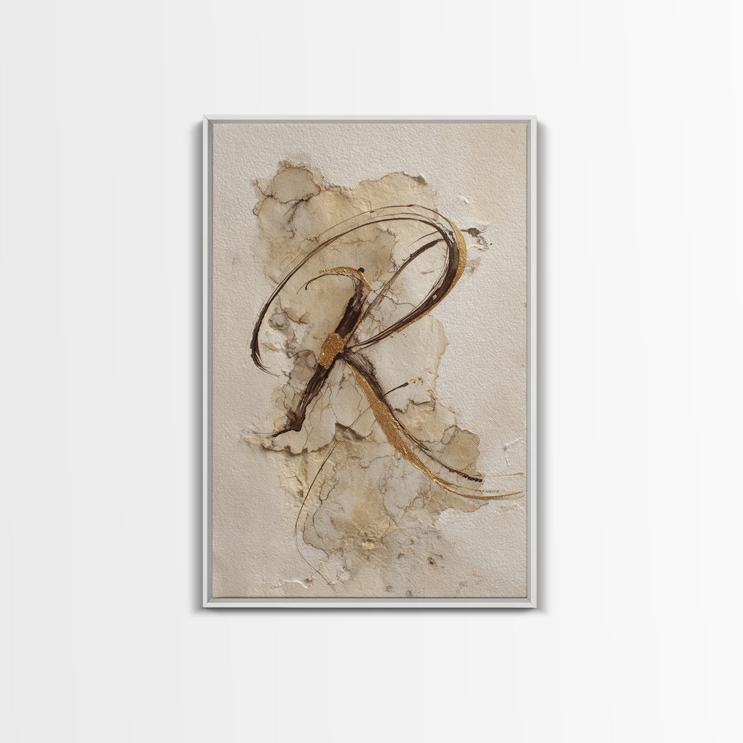 Gold Leaf Calligraphic Spiral on Plaster Surface Canvas Print, Calligraphy Art, Art, Living Room Decor, Oil Painting, Script, CAL-2x3-70