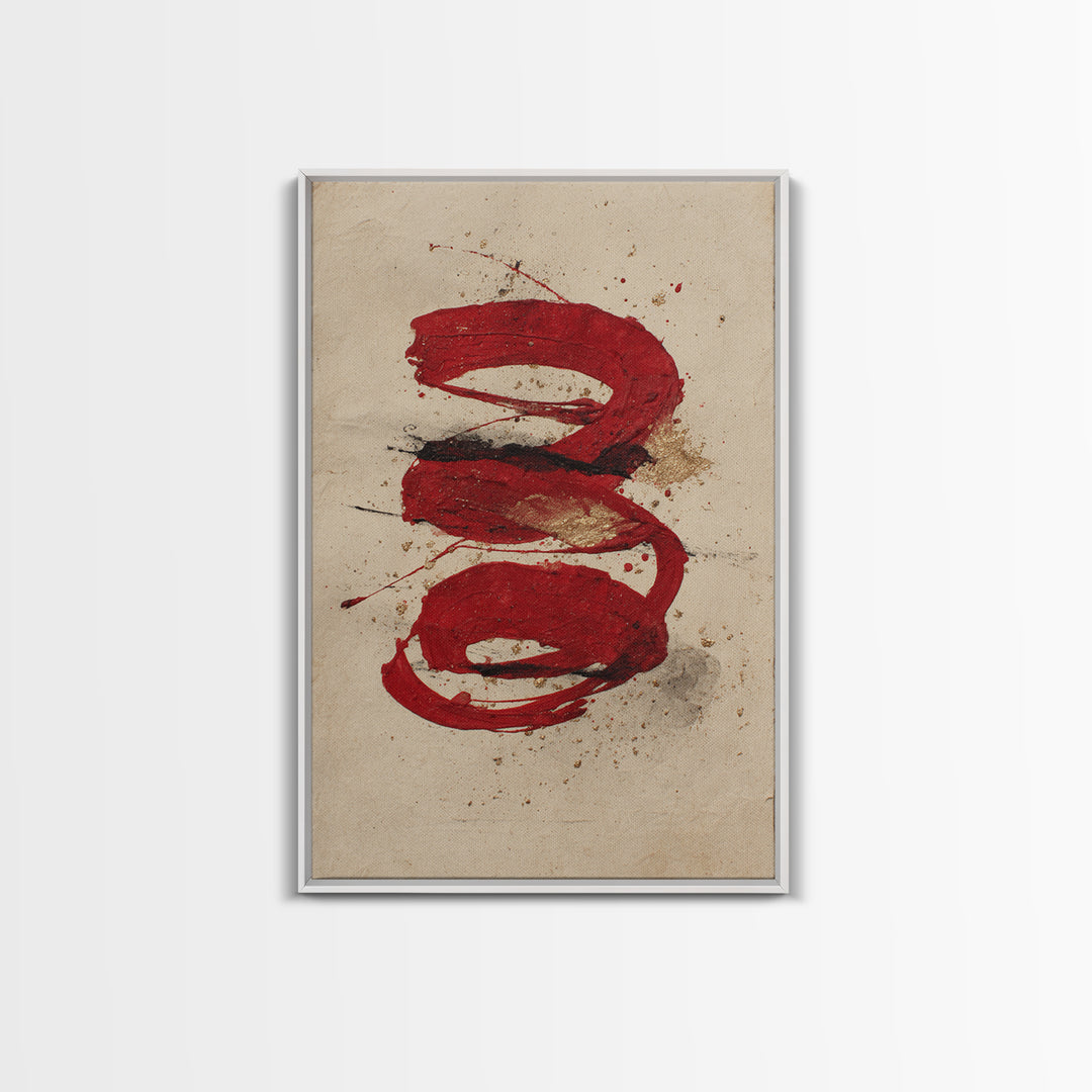 Bold Red Brushstroke Seal Abstraction Framed Canvas Print, Calligraphy Art, Print, Living Room Decor, Fine Art, Script, CAL-2x3-75