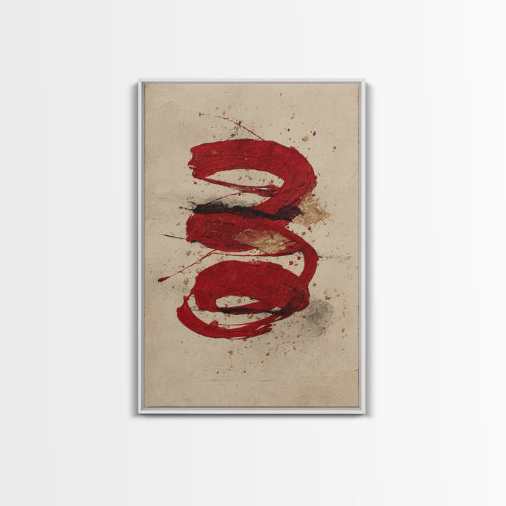 Bold Red Brushstroke Seal Abstraction Framed Canvas Print, Calligraphy Art, Print, Living Room Decor, Fine Art, Script, CAL-2x3-75