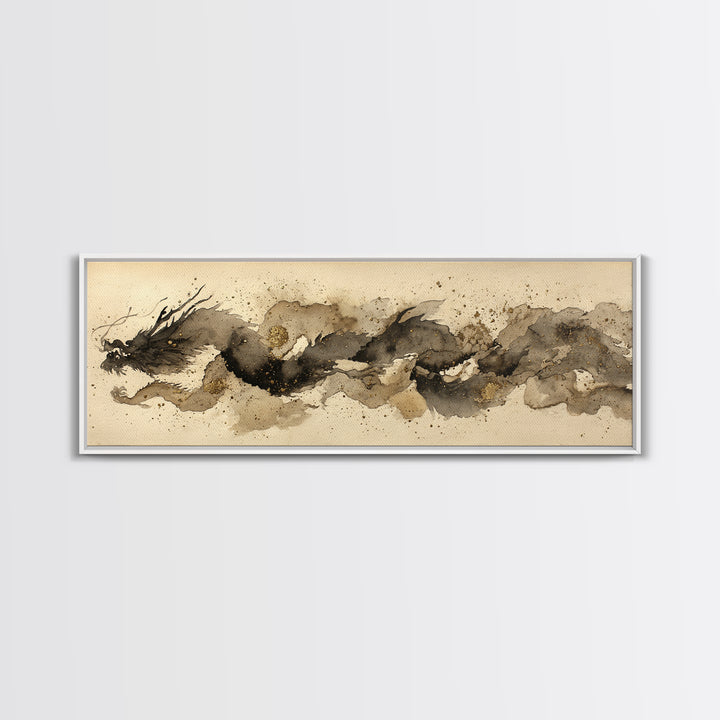 Ink Wash Dragon Curve Framed Canvas Print, Calligraphy Art, Wall Art Print, Living Room Decor, Fine Art, Script, Japanese Decor, CAL-3x1-1