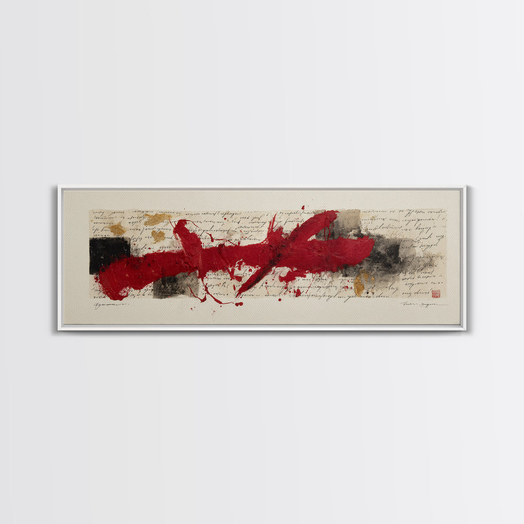 Bold Red Brushstroke Seal Abstraction Canvas Print, Calligraphy Art, Gallery Wall Set, Living Room Decor, Fine Art, Script, CAL-3x1-11