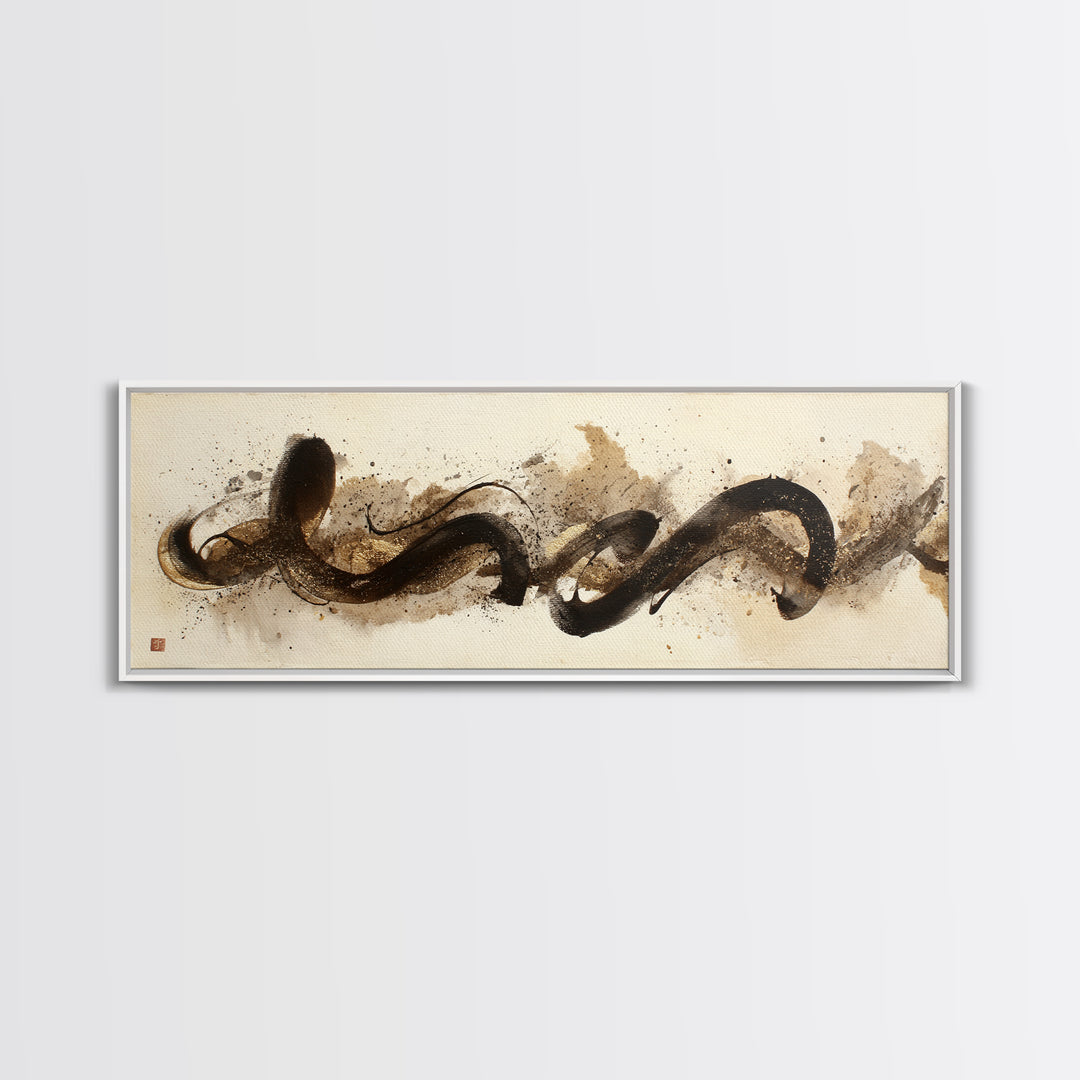 Abstract Gold Calligraphic Strokes on Ivory Paper Canvas Print, Calligraphy Art, Printable Wall Art, Living Room Decor, Script, CAL-3x1-18