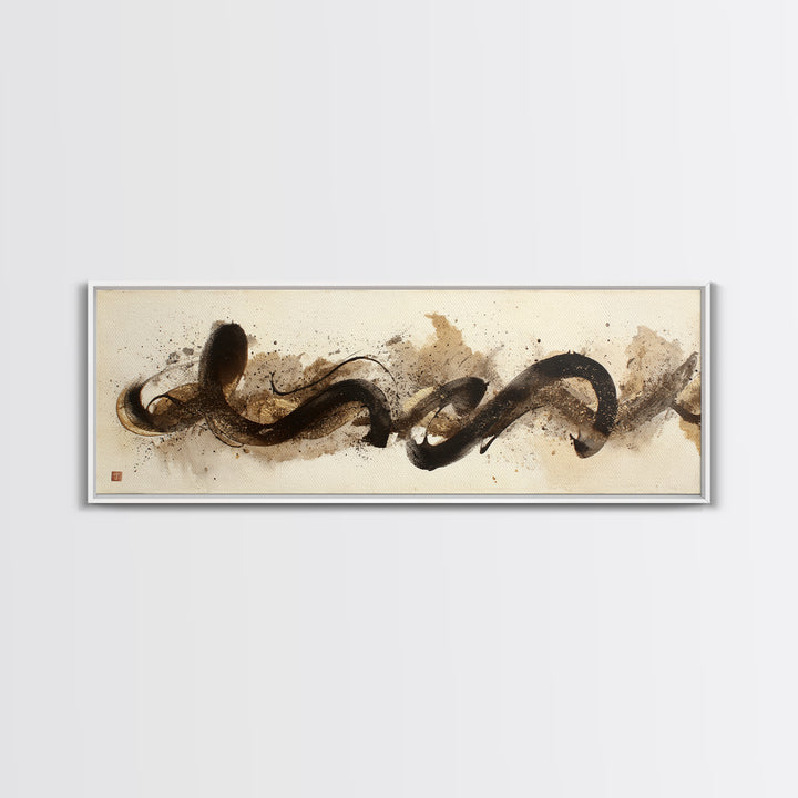 Abstract Gold Calligraphic Strokes on Ivory Paper Canvas Print, Calligraphy Art, Printable Wall Art, Living Room Decor, Script, CAL-3x1-18