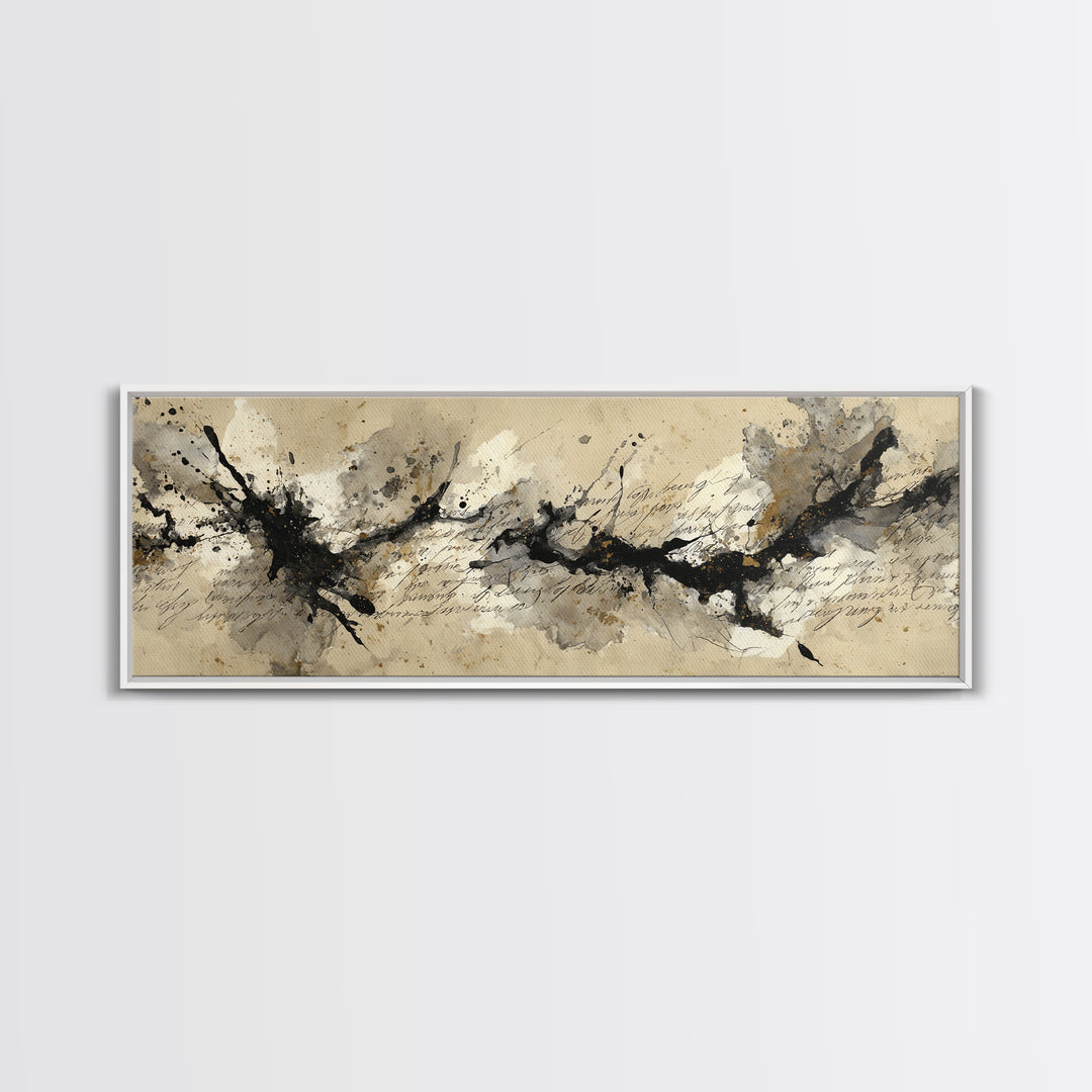 Ink Splatter and Long Brushstroke Composition Framed Canvas Print, Calligraphy Art, Quote Wall Art, Living Room Decor, Script, CAL-3x1-32