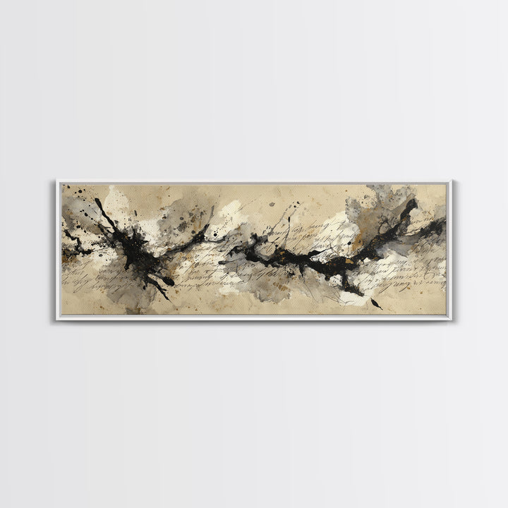 Ink Splatter and Long Brushstroke Composition Framed Canvas Print, Calligraphy Art, Quote Wall Art, Living Room Decor, Script, CAL-3x1-32