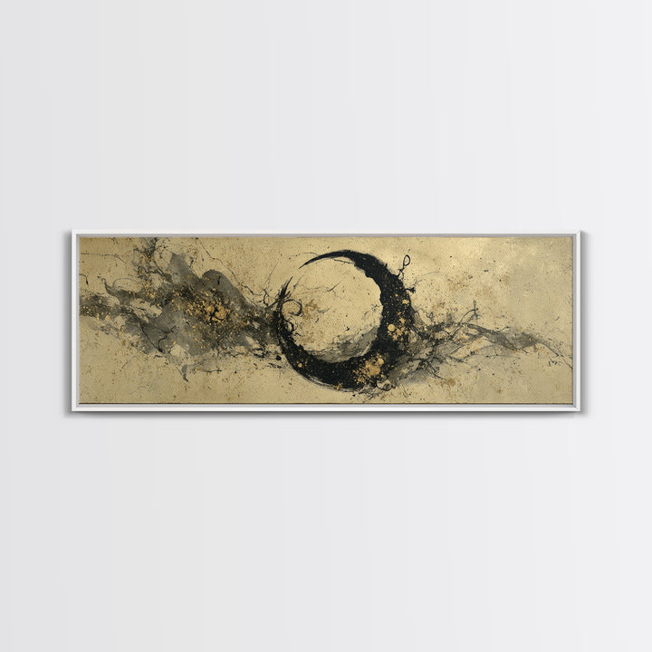 Crescent Moon Made from Elegant Ink Swashes Framed Canvas Print, Calligraphy Art, Japanese Art, Living Room Decor, Script, CAL-3x1-37