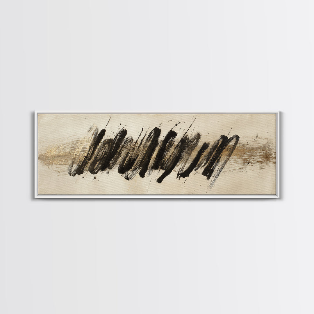 Abstract Gold Calligraphic Strokes on Ivory Paper Canvas Print, Calligraphy Art, Unique Wall Art, Living Room Decor, Script, CAL-3x1-42