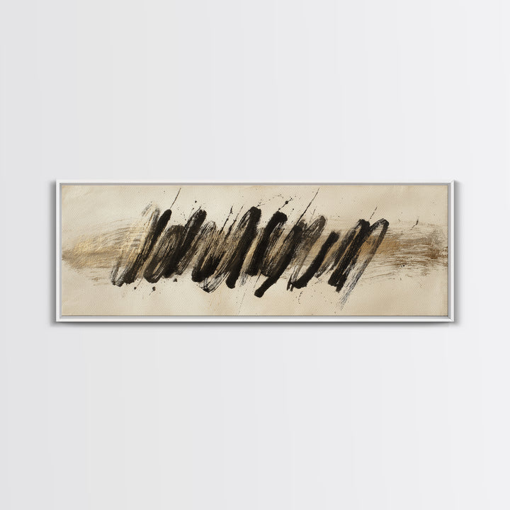 Abstract Gold Calligraphic Strokes on Ivory Paper Canvas Print, Calligraphy Art, Unique Wall Art, Living Room Decor, Script, CAL-3x1-42