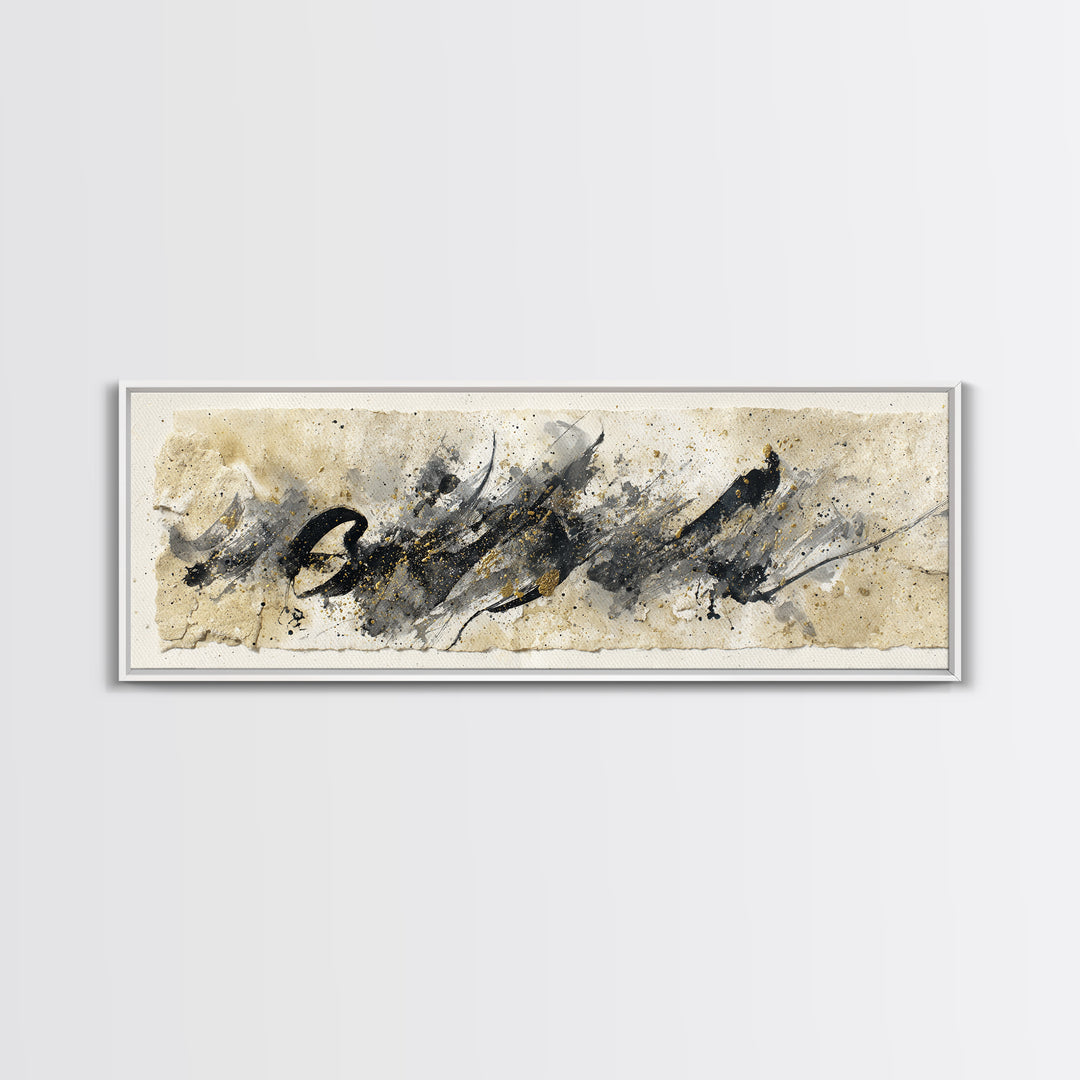 Monochrome Brush Alphabet Fragments as Abstract Texture Canvas Print, Calligraphy Art, Living Room Decor, Script, CAL-3x1-5