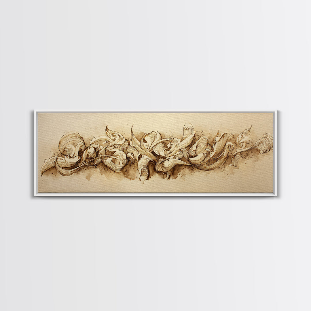 Baroque Scrollwork Made from Looping Pen Strokes Framed Canvas Print, Calligraphy Art, Room Decor, Living Room Decor, Script, CAL-3x1-52