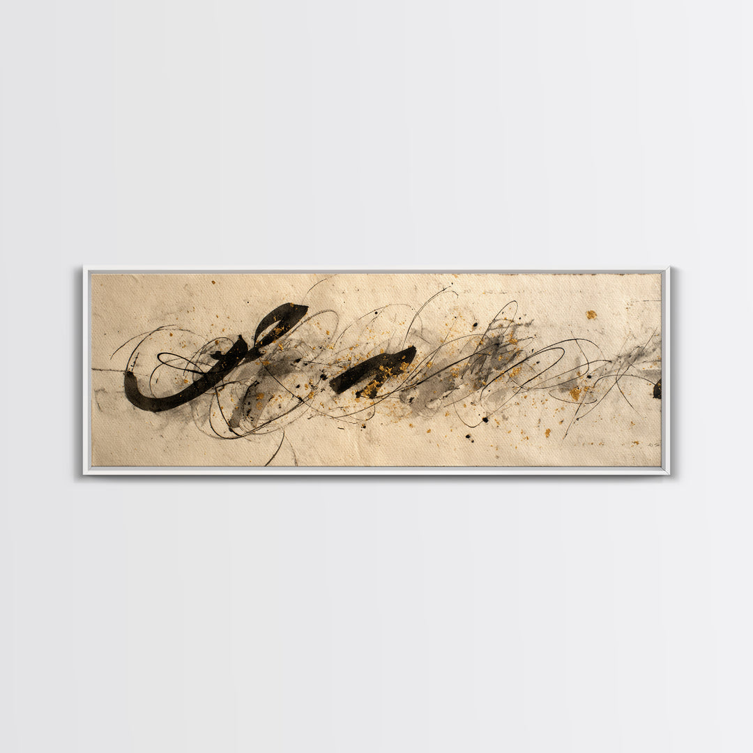 Monochrome Brush Alphabet Fragments as Abstract Texture Canvas Print, Calligraphy Art, Watercolor Art, Living Room Decor, CAL-3x1-53