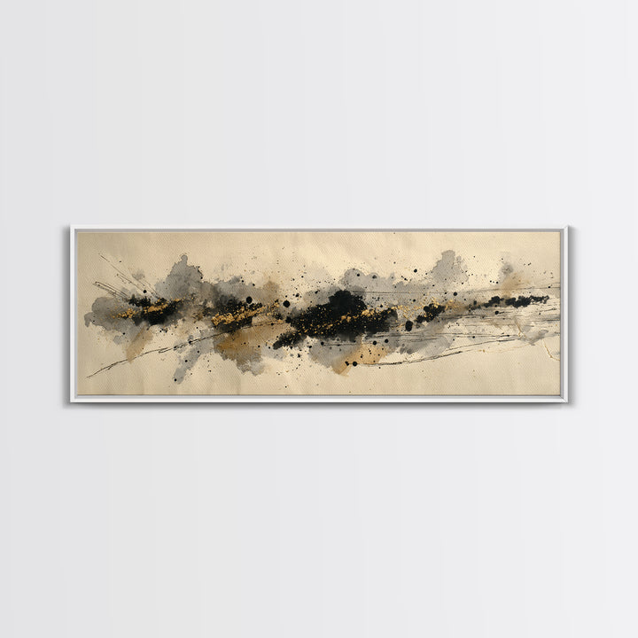 Ink Splatter and Long Brushstroke Composition Canvas Print, Calligraphy Art, Textured Painting, Living Room Decor, Script, CAL-3x1-56