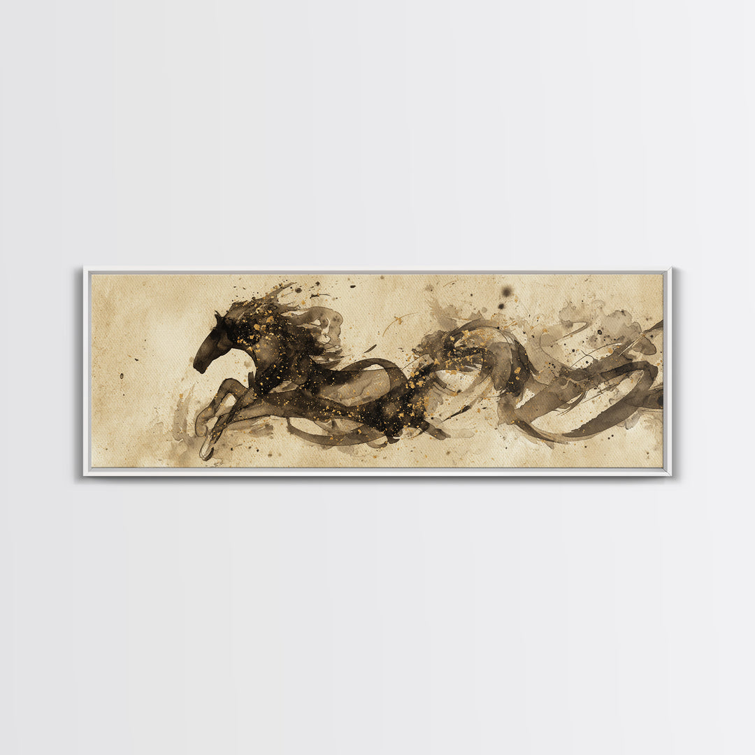 Calligraphic Horse Silhouette Made from One Line Framed Canvas Print, Calligraphy Art, Modern Art, Living Room Decor, Script, CAL-3x1-57