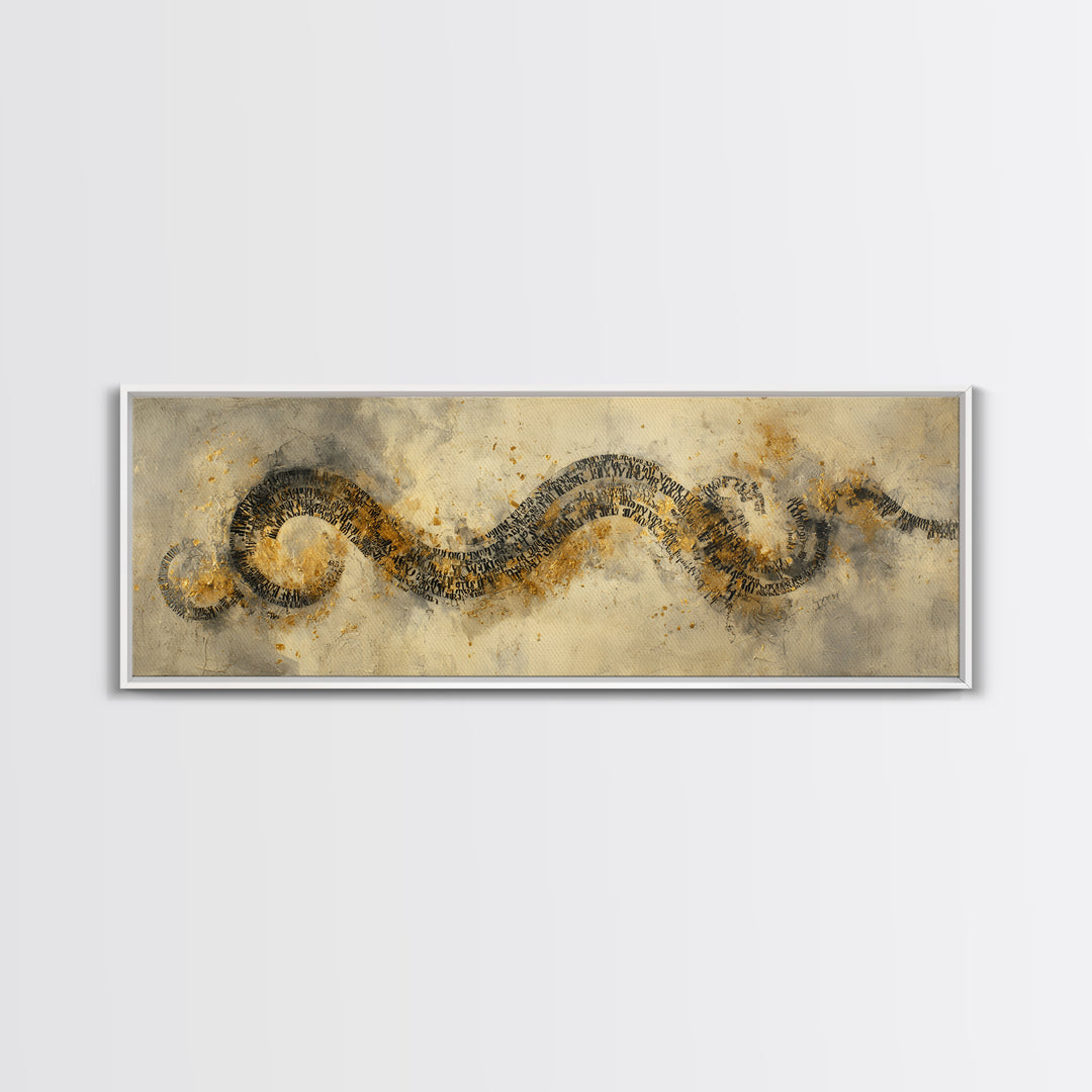 Gold Leaf Calligraphic Spiral on Plaster Surface Canvas Print, Calligraphy Art, Modern Art, Living Room Decor, Fine Art, Script, CAL-3x1-6
