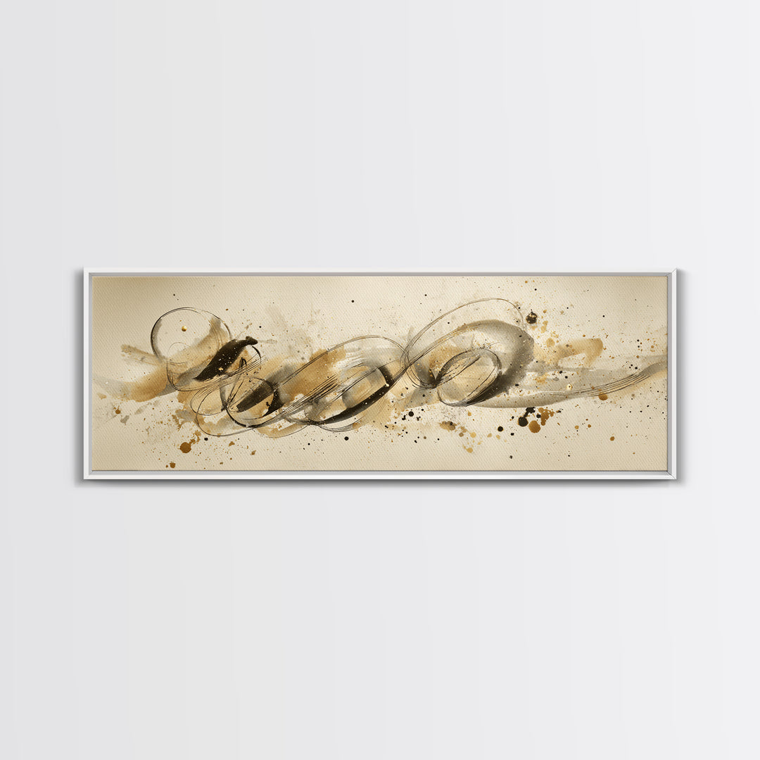 Abstract Gold Calligraphic Strokes on Ivory Paper Canvas Print, Calligraphy Art, Unique Wall Art, Living Room Decor, Script, CAL-3x1-66