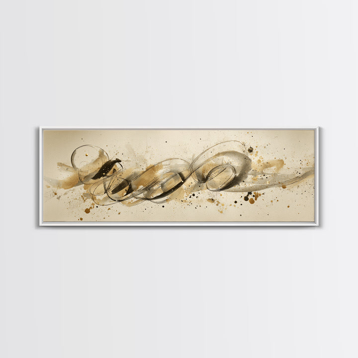 Abstract Gold Calligraphic Strokes on Ivory Paper Canvas Print, Calligraphy Art, Unique Wall Art, Living Room Decor, Script, CAL-3x1-66
