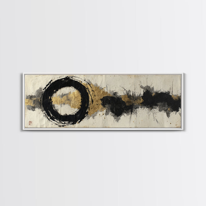 Japanese Brush Mark Circle Framed Canvas Print, Calligraphy Art, Contemporary Art, Living Room Decor, Fine Art, Script, CAL-3x1-68