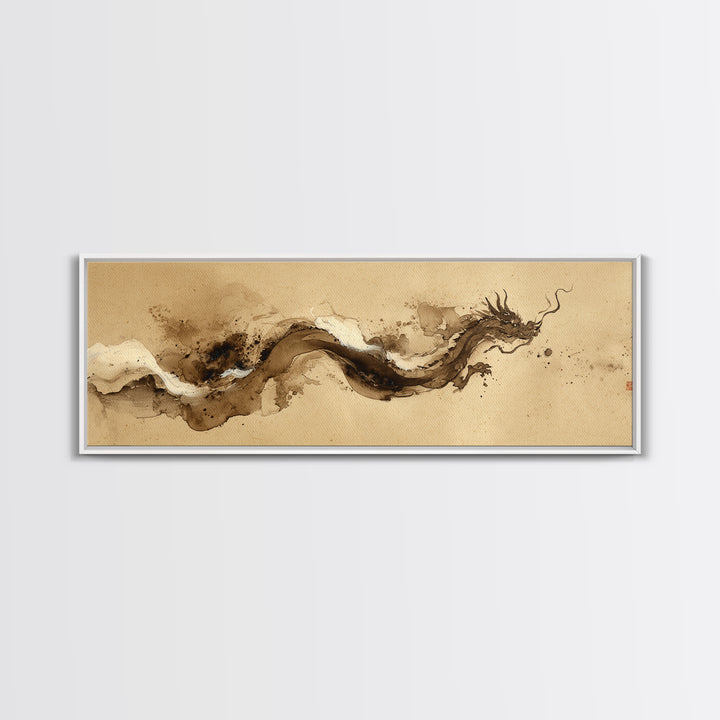 Ink Wash Dragon Curve Framed Canvas Print, Calligraphy Art, Digital Download Art, Living Room Decor, Fine Art, Script, CAL-3x1-73
