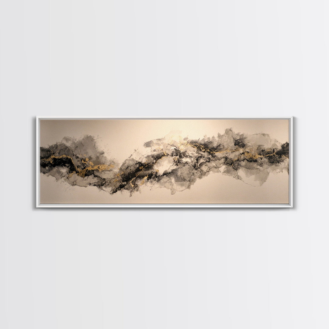 Ink Splatter and Long Brushstroke Composition Canvas Print, Calligraphy Art, Art, Living Room Decor, Fine Art, Script, CAL-3x1-80